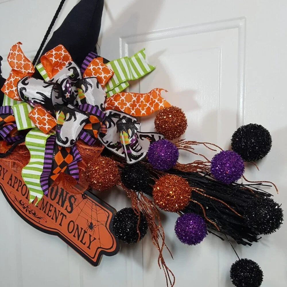 Witch's Flying Broom Stick Halloween Wreath, Flying Lesson Broom Wreath